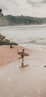 Surfers on a beach at sunset with waves and a pastel sky.