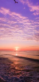 Serene beach sunset with purple sky and ocean waves.