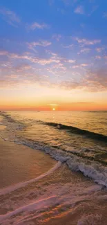 Sunset on a serene beach with gentle ocean waves and a colorful sky.