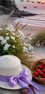 Beach sunset with flowers, hat, and strawberries.