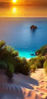 Serene sunset over ocean with beach and palms in vibrant hues.