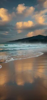 Serene sunset over a calm beach with gentle waves and golden sand reflections.