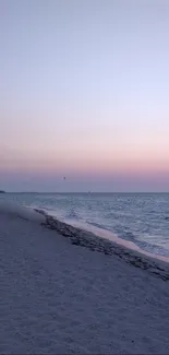 Serene sunset over a beach with pastel sky and gently sweeping waves.