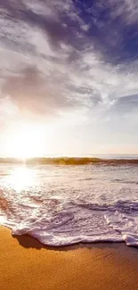 Serene beach sunset with purple sky and waves.