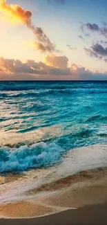 Vibrant sunset over a tranquil beach with blue ocean waves.