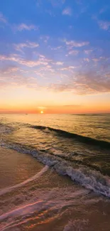 Mobile wallpaper of a serene beach with sunset and ocean waves.