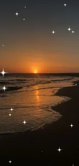 Orange sunset over ocean waves on a tranquil beach.