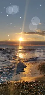 Sunset over a tranquil beach with gentle waves and a golden sky.