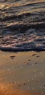 Serene beach waves at sunset with orange hues.