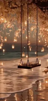 A swing at beach with glowing lanterns.