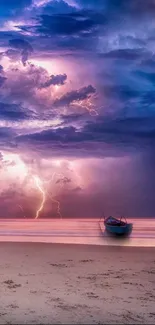 Boat rests on beach under dramatic lightning sky.