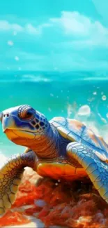 Colorful sea turtle on a sunny beach wallpaper.