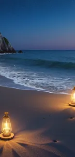 Serene beach at night with glowing lanterns and moonlight.