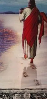 Artistic depiction of a serene beach walk with footprints and vibrant sky.