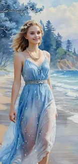 Woman in blue dress walking on a serene beach.