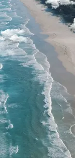 Calming beach wallpaper with waves and sandy shore.