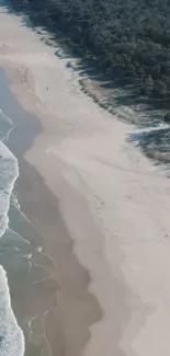 Aerial view of a serene beach with waves crashing on the sandy shore.