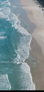 A calming beach scene with gentle waves and a sandy shore.