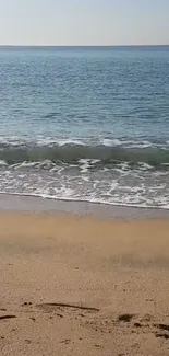 Calm beach with gentle waves and sandy shore background.