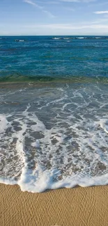 Serene ocean waves gently touch a sandy beach with scattered seashells.