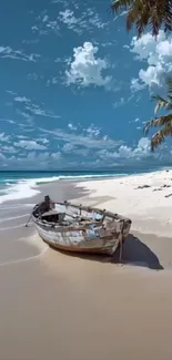 A serene beach with an old boat under palm trees and a blue sky.