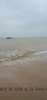 Serene beach with distant boat on calm ocean and cloudy sky.