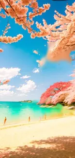 Beautiful cherry blossoms at a serene beach under a bright blue sky.