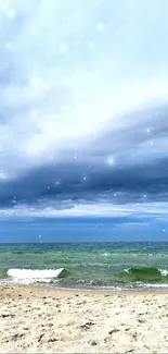 Scenic beach under a dramatic, cloudy sky.