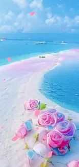 Serene beach with pink roses and a pastel blue ocean under a clear sky.