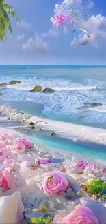 Serene beach with pink roses and ocean waves in a calming scene.