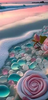 Serene beach with rose-shaped stones and soothing waves.