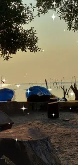 Serene sunset beach with boats and trees.