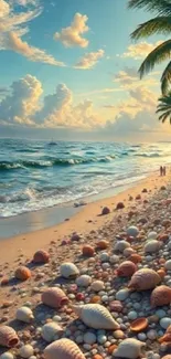 Tropical beach with seashells and a palm tree at sunset