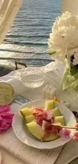 Relaxing beachside breakfast overlooking the ocean at sunrise.