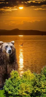 Sunset over lake with bear and trees, creating a peaceful nature scene.