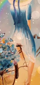 Woman in blue dress cycling with butterflies and rainbow.