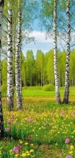 Birch trees and flowers in a serene landscape.