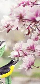 Wallpaper with birds and pink blossoms, creating a serene spring scene.