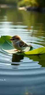 Bird on a leaf floating in a calm pond.