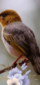 A bird perched on a branch with flowers, perfect mobile wallpaper.