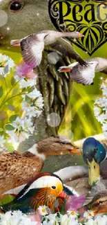 A serene wallpaper featuring ducks amid spring flowers with a green backdrop.