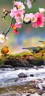 Vibrant birds and cherry blossoms over a stream.