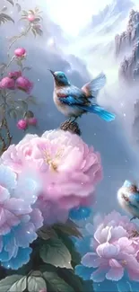 Beautiful birds and flowers with misty mountains wallpaper.