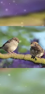 Two small birds perched on mossy branch with blurred green and purple background.