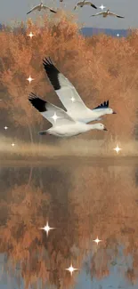 Birds flying over a serene autumn lake with vibrant orange reflections.