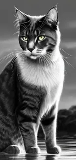 Elegant black and white cat sitting near water in nature.