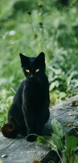 Serene black cat sitting on wood amidst lush green nature.