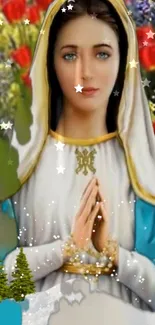 Serene wallpaper of the Blessed Lady surrounded by flowers and stars in a peaceful setting.