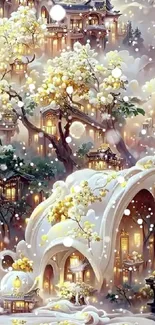 Serene fantasy landscape with blooming trees and ethereal architecture.