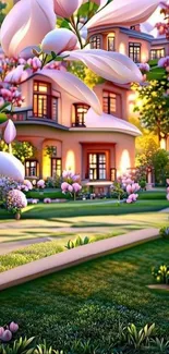 Serene garden with blooming pink magnolias and charming house.